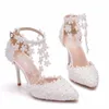 Scarpe eleganti con punta a punta con strass Scarpe con tacco alto da donna Sandali con cinturino alla caviglia in pizzo con decorazione di perle Scarpe da sposa per feste