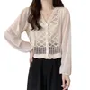 Women's Blouses Women's Hollow Crochet Shirt Sweet French Tops Chic V Neck Blouse Top Loose Long Sleeves Chiffon For Daily Dating