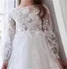 Mädchenkleider Blumenkleid Weiß Flauschiger Tüllschwanz Langärmelig Mit Blumenaufklebern Hochzeit Kind Kommunion Geburtstagsfeier