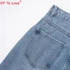 Women's Jeans Woman Design Jeans Spring Autumn Street Style Ripped Cut Full Length High Waist Light Blue Zipper Wide Leg Pants 230404