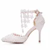 Scarpe eleganti con punta a punta con strass Scarpe con tacco alto da donna Sandali con cinturino alla caviglia in pizzo con decorazione di perle Scarpe da sposa per feste