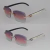 A114 Lunettes de soleil sans monture pour femmes Big Stones 2,5 carats Lunettes de soleil Original Blanc à l'intérieur noir Corne de buffle Hommes Femmes Lentille taillée en diamant