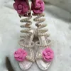 Sandaler Flat Floral Snake Strap Women Summer Shoes Pearl Flowers Gladiator Rhinestone Open Toe Sexiga damer