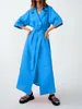 캐주얼 드레스 OOTN COTTON LINEN LONG WRAP 여름 드레스 여름 드레스 여성 벨트 레이스 업 노치 사무실 여성 드레스 A- 라인 우아한 스플릿 드레스 로브 FEMME 230404