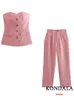 Pantaloni a due pezzi da donna KONDALA Office Lady Abiti a tubino in pizzo rosa Corsetto da donna Bottoni singoli Crop Top Vita alta Tasche larghe sulle gambe Pantaloni