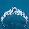 Corona di diadema di cristallo blu verde metallo color argento per ragazze coreane per le donne Corona di strass per la festa nuziale della sposa