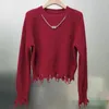 Women's Sweaters O-neck Pullovers Women Simple Chic Striped Short Knitted Fur-lined Slim Frayed High Street Vintage Casual Fashion Kpop