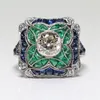 Bagues de cluster Antique Art Déco Alliage 2CT Cristal Bleu 1.30CT Strass Vert Floral Bague de Cocktail de Fiançailles