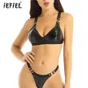 iefiel Dames Dames Wetlook Ondergoed Lakleer Lingerie Set Elastische Schouderbanden Bh Top met Mini G-string Thong339e