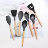 Dinnerware Sets Black Silicone Kitchen Utensils Set Heat Resistant Nonstick Baking Cooking Tools Kitchenware Accessories 8Pcs With Wooden