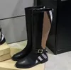 Autumn Winter Short Boots Woman Cowhide Metal Belt Buckle Designer Shoe Tall Barrel Long Boot 100% Leather Lady Tyg Kvinnor Skor stor storlek 35-41-42