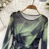 Dames T-shirt Chic Tie Dye Print Mesh T-shirt Drawing Bandage Vintage Top Sexy bodycon Crop Top Lange Mouw TEES Dames Streetwear Y2K 230404