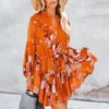 Freizeitkleider Chiffon-Kleid Atmungsaktive Mini-A-Linie Schrumpfmanschetten Damen Schnür-Taille Enger Blumendruck Herbst