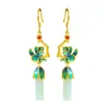 Boucles d'oreilles pendantes en émail de Jade naturel pour femmes, fleur exquise de Style chinois classique Cheongsam Hanfu, accessoires de bijoux