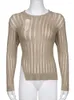 Kvinnors T-skjortor Weiyao Khaki Solid Holes Stripe Rand Slim Long Sleeve T-shirts Women Estetic Vintage See Through Sexy Grunge tröja