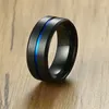 Com pedras laterais 8mm de largura cor preta anel de casamento elegante fino linha azul anéis de aço inoxidável festa jóias gota