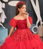 Robes de fille robe à fleurs rouge en couches Tulle une ligne épaule paillettes brillant mariage fête d'anniversaire eucharistique pour enfant