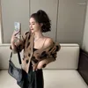 Suéteres femininos Kimotimo leopardo impressão v pescoço de malha cardigan mulheres outono inverno puff manga magro suéter curto francês vintage longo top