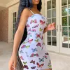 Lässige Kleider Sommer Butterfly Print Einteiliges Kleid Ärmellose Spaghettiträger Sexy Open Back Women Body Beach Outfits