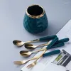 Forks Ceramic Tank Marbled Gold Dinner Fork Set Tableware Mirror Coffee Spoon Cutlery Storage And Golden