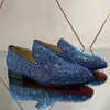 Dress Shoes Gold Rhinestone Men Pointed Toe Blue Silver Leather Slip On Flat For Male Party