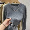 Maglioni da donna Pullover con scollo a O Donna Semplice Chic a righe Corto lavorato a maglia Foderato in pelliccia Slim Sfilacciato High Street Vintage Moda casual Kpop