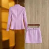 Two Piece Dress Spring Autumn Fashion Women Twin Sets Fresh Lilac 2PCS Blazer Suits Elegant Slim Short Length With Belt