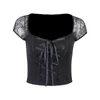 Women's T Shirts Sexy Street Short T-shirt Women Lace Patchwork Square Collar Shoulder Cutout Gothic Butterfly Strap Decoration Slim Dark