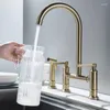 Kitchen Faucets Brushed Gold Sink Water Mixer Tap Double Outlet Use Faucet Set Tapware With Sprayer