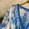 Podstawowe swobodne sukienki dla kobiet wczesna wiosna Wakacje Długie sukienki Kobiety Runway V-Neck Blue Flower Blue Flower Printed Lantern Sleeve Holiday Holiday Boho Vestidos 2024