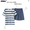 Men's Sleepwear Summer Cotton Navy Big Size 4XL Mens Shorts Minimalist Nightwear Soft Leisure Loungewear for Boy Man Striped Pajamas Set 230404