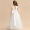 Girl Dresses White Sleeveless V-neck A-line Tulle Bow Flower For Wedding 2023 Princess Kids Pageant First Communion Gowns