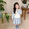 Giyim Setleri Sonbahar Sevimli Kızlar Moda Çiçek Kıyafetleri Çiçek Gündelik Elbise ve Beyaz Kısa Stil Yelek 2 PCS Çocuk Giysileri