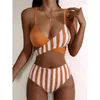 Kvinnors badkläder Kvinnor Bikini Striped 2 Tvådelar Set Push Up High midje Biquini Swimsuit Criss Cross Bandage Justerbara baddräkter