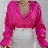 Blusas femininas elegantes blusas de manga longa de cetim 2023 Vintage Teal Silk Casual Botão solta para baixo