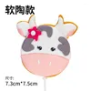 Cake Tools Pink Children's Birthday Topper Soft Pottery Ornament Ccute Cartoon Cow Plug-In harts Bakning Happy Party Decoration