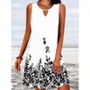 Lässige Kleider Sommer 2023 Strandparty A-Line-Kleid für Frauen Lose gedrucktes Design Blumenrock runden Hals ärmellosen Boho Midi