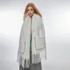 Scarves 2023Winter SolidPlush Women'sScarf Pocket Design For Warmth Face Blocking Wind Proof Dual Purpose Shawl Couple Tassel Scarf Neck