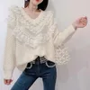 Damen Tanks Fette Schwester Pullover Herbst Koreanische Version Süße Schwerindustrie Perlenstickerei Spitze Rüschennähte Top mit V-Ausschnitt