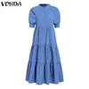 Casual jurken Vonda Summer Women Boheemse shirt jurk Casual o nek halve mouw solide lange zonsondergang strand feestvestidos gewaad 230404