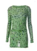 Arbetsklänningar Green Print Summer Sheer Mesh Lady Outfits Sexig långärmad T-shirt Mini Split kjolar Rave Festival Club 2st Streetwear Set