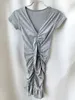 Partykleider Koreanischer Stil Solide Sexy V-Ausschnitt Dresschest Wrapping Sommer Elegant Schlankheitspassung Süße Raffung Trompete Grau Wrap Gesäß WDR3