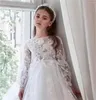 Robes de fille robe à fleurs blanc moelleux queue de Tulle à manches longues avec des autocollants floraux mariage enfant Communion fête d'anniversaire