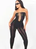 Calças femininas de duas peças sexy 2 conjuntos streetwear mulheres sem alças oco para fora colheita superior cintura alta preto combinando roupas 2023