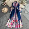 Basic Casual Dresses Autumn Fashion Runway White Blue Maxi Dress Women Clothing Long Lantern Sleeve Single Breasted Floral Print Belt Party Vestidos 2024