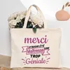 Bolsas de compras Obrigado professor francês impressão feminina Bolsa de ombro venenhopping bolsas femininas reutilizáveis ​​presentes para maitresse