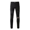 American Fashion Amiryes Hole Patch Straight Zipper Fly Elastic Black Slim Jean