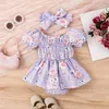 Rompers Toddler Baby's Clothes Girls Summer 2st -outfit Set Sort Sleeve Tutu Floral Romper med Bow pannband Barnkläder