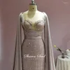 Robes de soirée luxe dubaï sirène longue robe de soirée avec Cape manches élégant kaki perlé bal formel pour les femmes robes de mariée