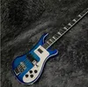 リッケン4003エレキギター、ベースギター、透明な青色、ベースウッドボディ、ローズウッドフレットボード、4ストリングギターラ